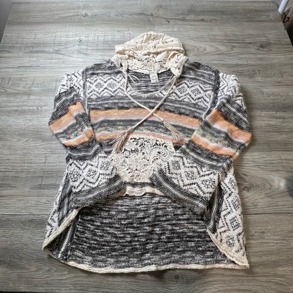 American Rag Hoodie Sweater Womens XL Grey Peach Crochet Lace Boho AD39